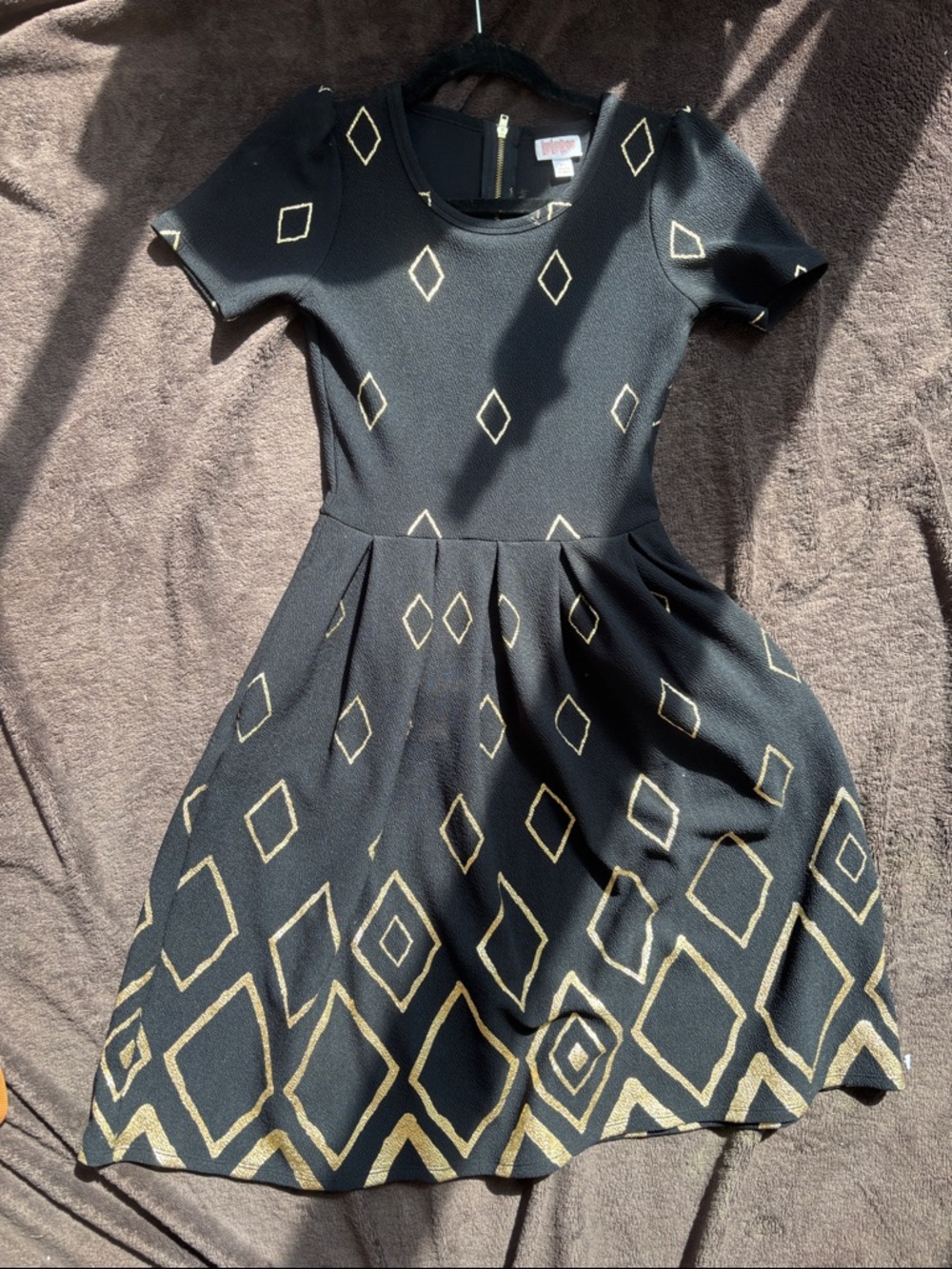 LuLaRoe Black Midi Dress with Gold Diamond Print